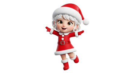 Cute cartoon girl dressed as mrs claus, wearing a red santa hat and dress, isolated on transparent background