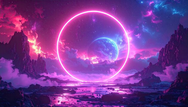 Vivid neon ring illuminates an alien landscape with mountainous silhouettes, a serene planet backdrop, and swirling cosmic clouds under a vibrant, colorful sky, offering an awe-inspiring futuristic...