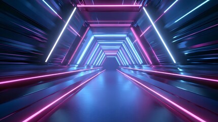 Fototapeta premium Fluorescent geometric tunnel structure recedes into deep darkness with vibrant neon illumination