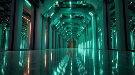 Illuminated futuristic corridor features repeating geometric patterns and reflections on a polished floor