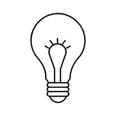 Simple white outline of a classic incandescent light bulb with filament and screw base isolated on white background
