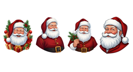 Collection of four cheerful santa claus portraits with festive elements like gifts and pine branches, isolated on transparent background