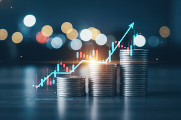 Financial Growth and Investment Concept: Coin Stacks with Candlestick Chart and Upward Arrow