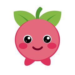 Cute cartoon pink berry character with green leaves and happy face isolated on white background