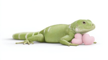 Fototapeta premium Colorful valentine iguana enjoys a sweet moment with pink hearts in a charming setting. Valentine's Day