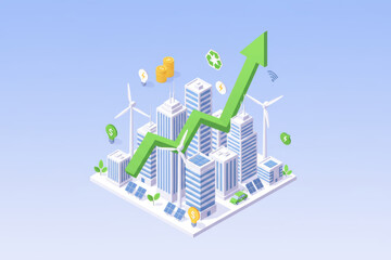 Isometric Illustration of Green Economy, Smart City with Renewable Energy and Growth Arrow