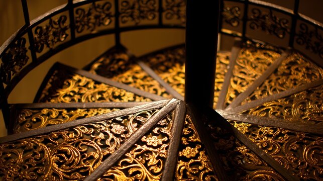 Ornate wrought iron spiral staircase features intricate gilded detailing under warm illumination