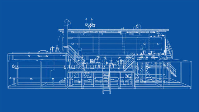 Industrial Equipment Blueprint on Blue. Vector