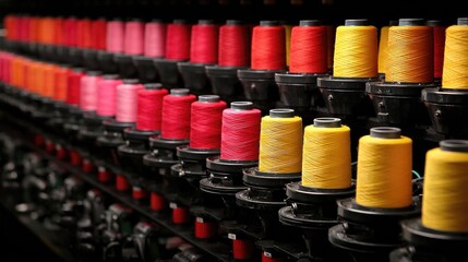 Obraz premium Vibrant Rows of Colorful Spools of Thread in Vivid Shades for Creative Sewing and Crafting Projects Displayed in a Well-Organized Fabric Workshop