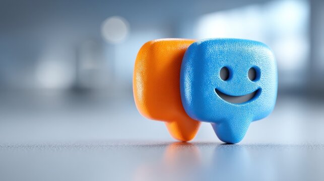 A close-up of two colorful, smiling speech bubbles, one orange and one blue, set against a blurred background, symbolizing communication and positivity. - Powered by Adobe