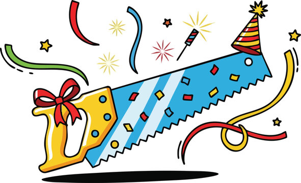 Hand Saw Decorated With Party Hat Confetti And Streamers Celebrating A Holiday Or Birthday