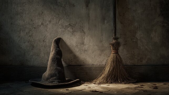 Halloween witch hat and broom leaning against rustic wall moody lighting magical seasonal photography setup