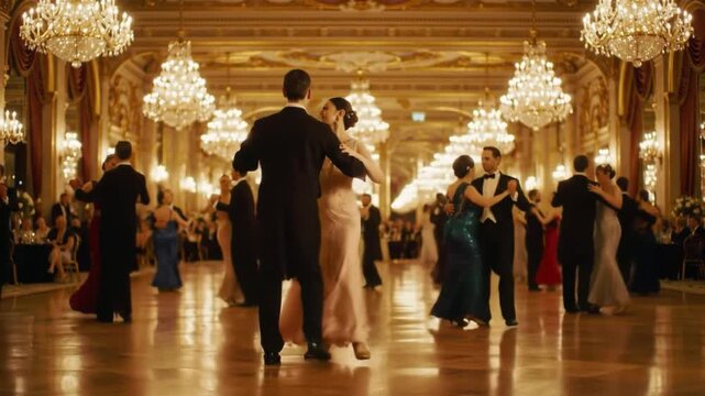 Elegant ballroom dance event with couples in formal attire, chandeliers illuminating a lively crowd