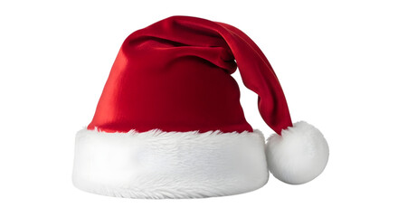 A classic red santa hat with a white fluffy trim and pompom, isolated on a transparent background