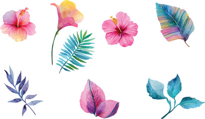 set of flowers and leaves