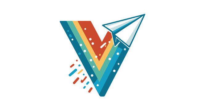 Creative vector illustration of a paper airplane taking off from a stylized 'V' shape with colorful stripes, symbolizing travel and communication.