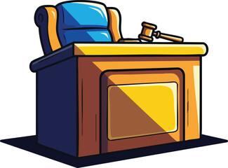Pixel Art Judge's Bench With Gavel And Chair In Cartoon Style
