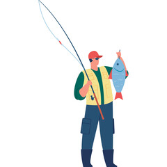 A Fisherman In A Yellow Vest And Red Cap Holds A Blue Fish While Holding A Fishing Rod With A White Background