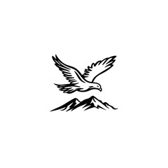 Obraz premium Flying eagle above mountain peaks, monochrome vector illustration, powerful bird of prey in nature, emblem design.