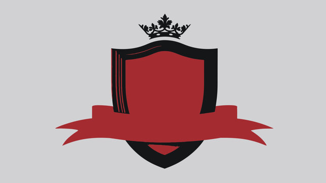 Blank royal heraldic crest with crown and banner vector template. Red and black shield emblem design element.