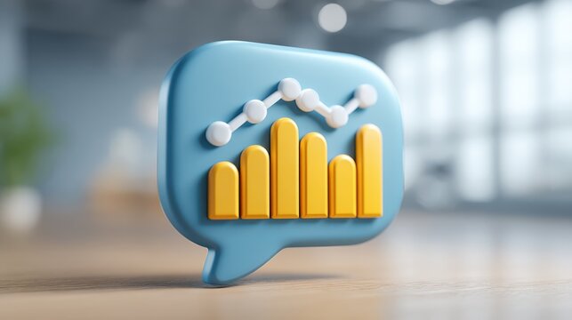 A stylized chat bubble with yellow bar graphs and a line chart, symbolizing data analysis and communication in a modern workspace.