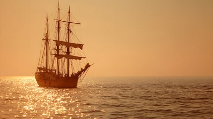 Fototapeta premium Tall masted sailing vessel traverses ocean waters during warm sunset
