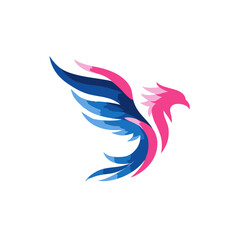 Abstract colorful bird logo design illustration. Stylized phoenix or dove graphic icon with vibrant pink and blue gradient wings, isolated on white.