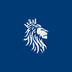 Majestic crowned lion head illustration in profile. Regal white animal emblem on a solid royal blue background, symbolizing strength and royalty.