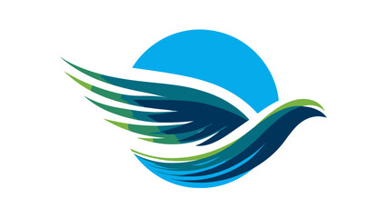 Abstract flying bird logo design with flowing blue and green wings against a partial blue circle, symbolizing freedom and nature.