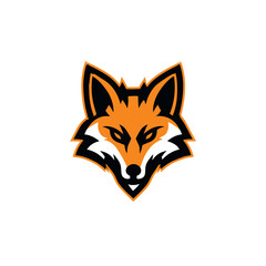Obraz premium Stylized fox head illustration, fierce wild animal mascot logo design. Graphic vector icon with orange, black, and white colors.