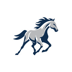 Obraz premium Dynamic galloping horse illustration, sleek and stylized vector in grey and navy blue, symbolizing speed, power, and freedom.