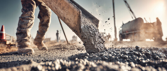 Pouring concrete on a construction site during sunset with workers and machinery in the background