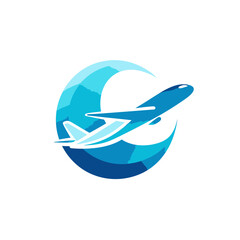 Modern blue airplane taking off over a stylized blue crescent, vector graphic for air travel, transport, and vacation concepts.