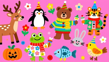 Naklejka premium Adorable cartoon animal characters celebrating a birthday party isolated on pink background, featuring a deer, bear, and tiger