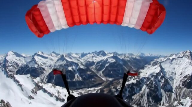 Extreme paragliding adventure majestic mountains aerial footage snowy landscape overhead view thrilling experience