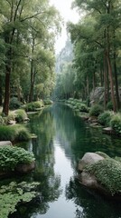 Obraz premium Tranquil Tree Lined Riverbank With Lush Greenery And Reflective Water Under Gentle Sunlight