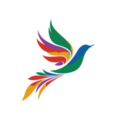 Obraz premium Vibrant Colorful Flying Bird Abstract Logo Icon Vector Illustration, Dynamic Design with Rainbow Gradient Feathers and Graceful Movement