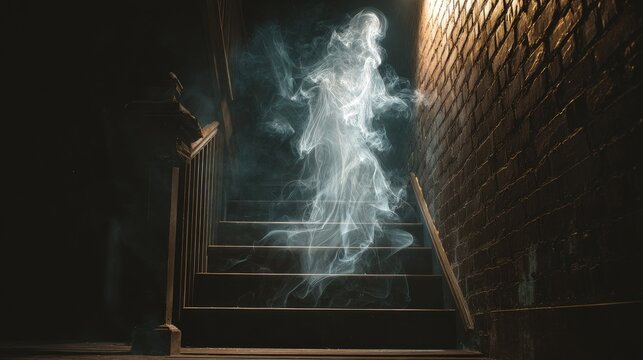 A spooky Halloween concept of a ghostly figure made of translucent smoke floating up a dark abandoned staircase at night