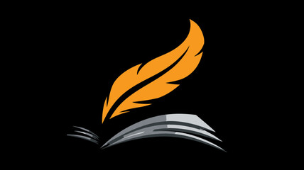 Vibrant orange feather above an open book icon, representing writing, education, literature, storytelling, and creative content.