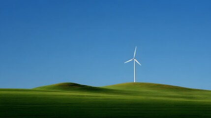 Obraz premium Tall wind turbine stands on a vibrant green rolling hill under a clear blue sky
