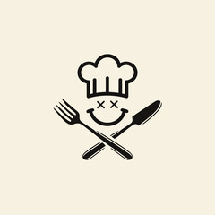 Playful chef hat icon with crossed cutlery and funny X-eyed smiley face, perfect for restaurant, food, or culinary design.