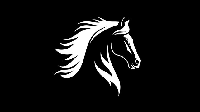 Elegant white horse head silhouette with flowing mane on a black background. Dynamic equine animal logo concept symbolizing strength and freedom.