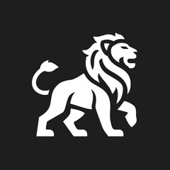 Fototapeta premium Powerful walking lion silhouette, white graphic icon on dark background. Symbol of strength, leadership, courage, and nobility. Modern emblem.