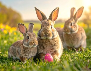Fototapeta premium Three fluffy bunnies in a grassy field with an Easter egg