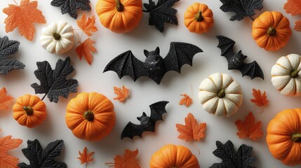 Minimalist Halloween flat lay black bats orange pumpkins autumn leaves on white background clean modern photo