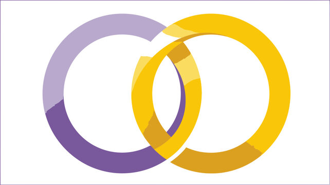 Abstract illustration of two interlocking rings, one purple and one golden, symbolizing connection, unity, and partnership