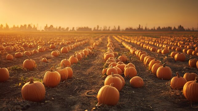 Pumpkin Patch Sunset Rows of ripe pumpkins bathed in golden sunset light await pickers during Halloween season