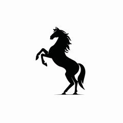 Majestic black horse silhouette rearing on hind legs, powerful and dynamic animal symbol, elegant equine design element, isolated