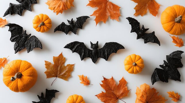 Minimalist Halloween flat lay black bats orange pumpkins autumn leaves on white background clean modern photo