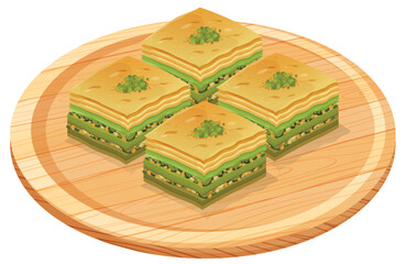 Four Pistachio Baklava Pieces on Wooden Plate